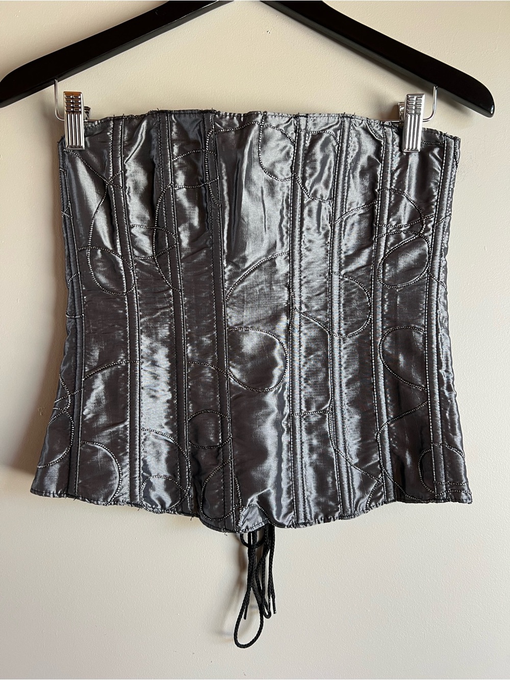 Tessa Black Silver Satin Corset Bustier Size 36 Lace Up Boned Gothic Y2K Medium